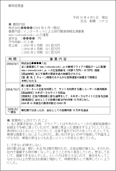 職務経歴書作成例